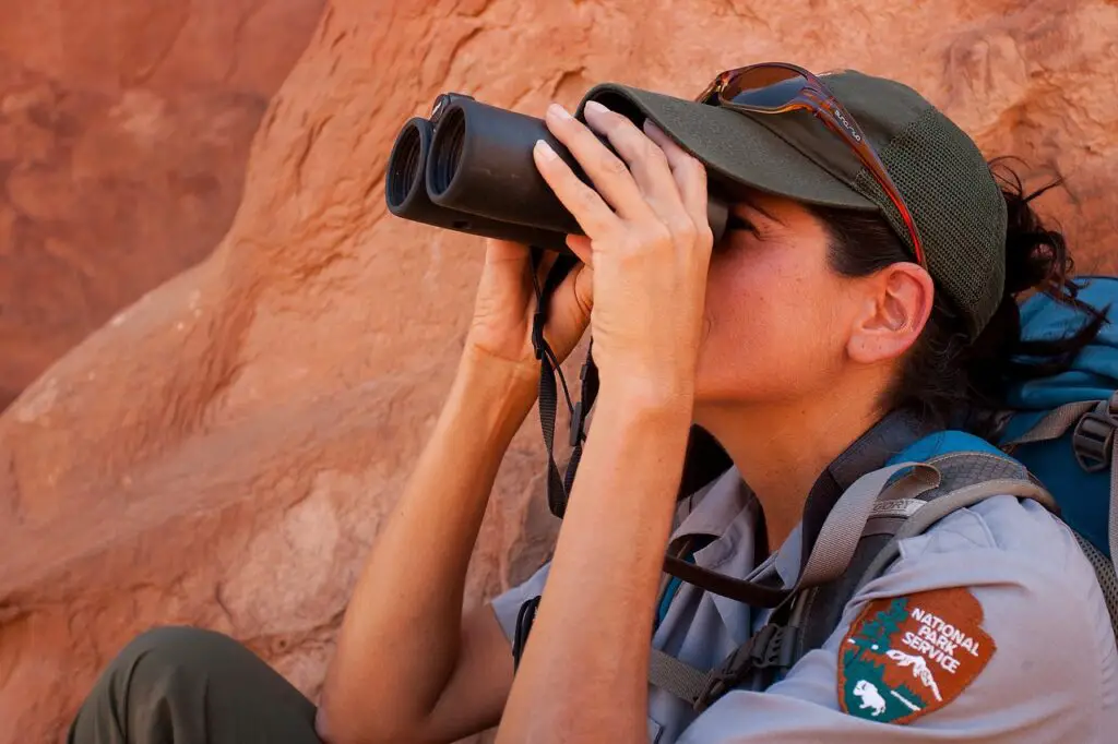 park ranger looking through binoculars